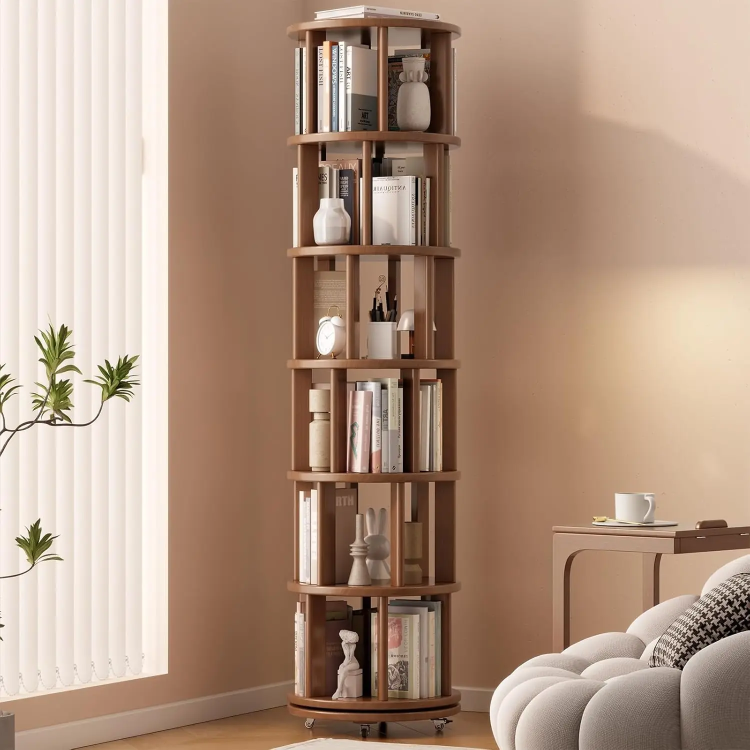 

6-Tier Solid Wood Rotating Bookshelf Rubberwood Finish Wheels 360 Spinning Bookcase Tower For Living Room Furniture Midcentury