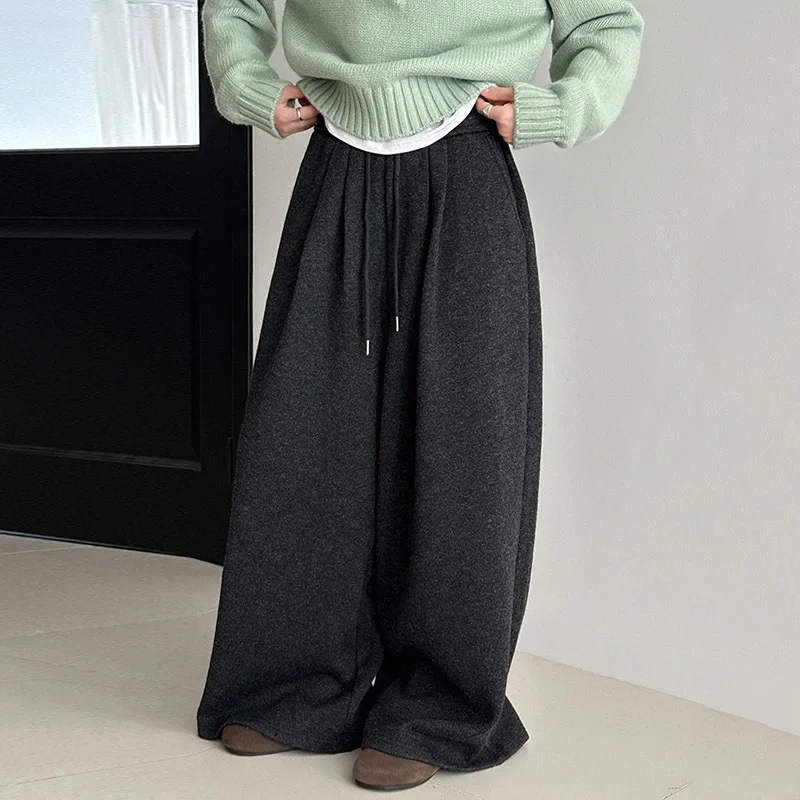 جديد الخريف الشتاء نحى الرباط مرونة الخصر المرأة واسعة الساق السراويل شيك عادية فضفاض سميكة السراويل الطويلة #1