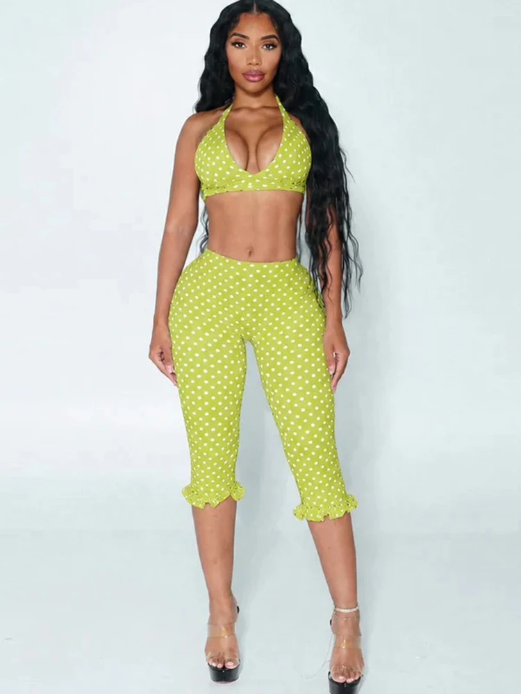

Kliou Sexy Fashion 2 Piece Set Woman Polka Dot Print Halter Backless Tank Tops+Ruffles Edge Crop Pants High Street Style Suits