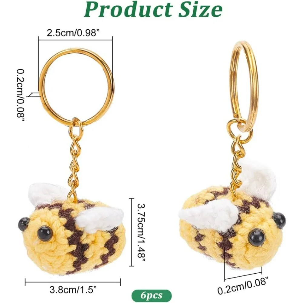 6 Pcs Crochet Bee Keychain Knitting 3D Bumblebee Key Chain Cute Car Keyring Charm Handmade Keychain Accessories Purse Pendant