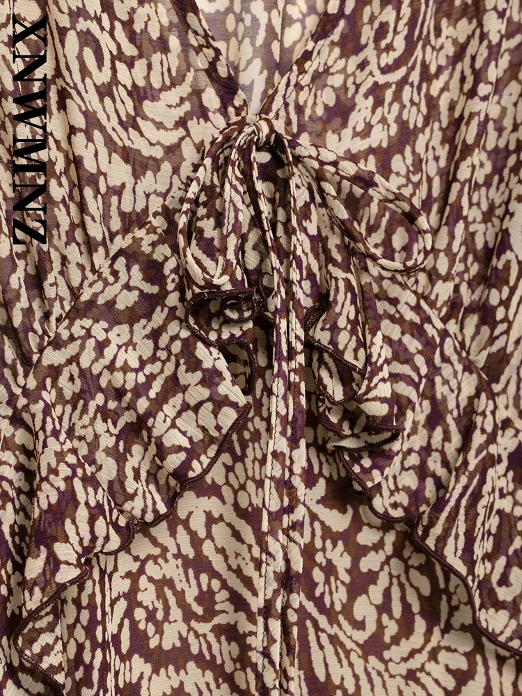 XNWMNZ 2025 Summer New Lady Elegant Long Sleeve Satin Dresses Dress Hipster Female Lace V-Collar Top Loose Fit Midi Skirt Print