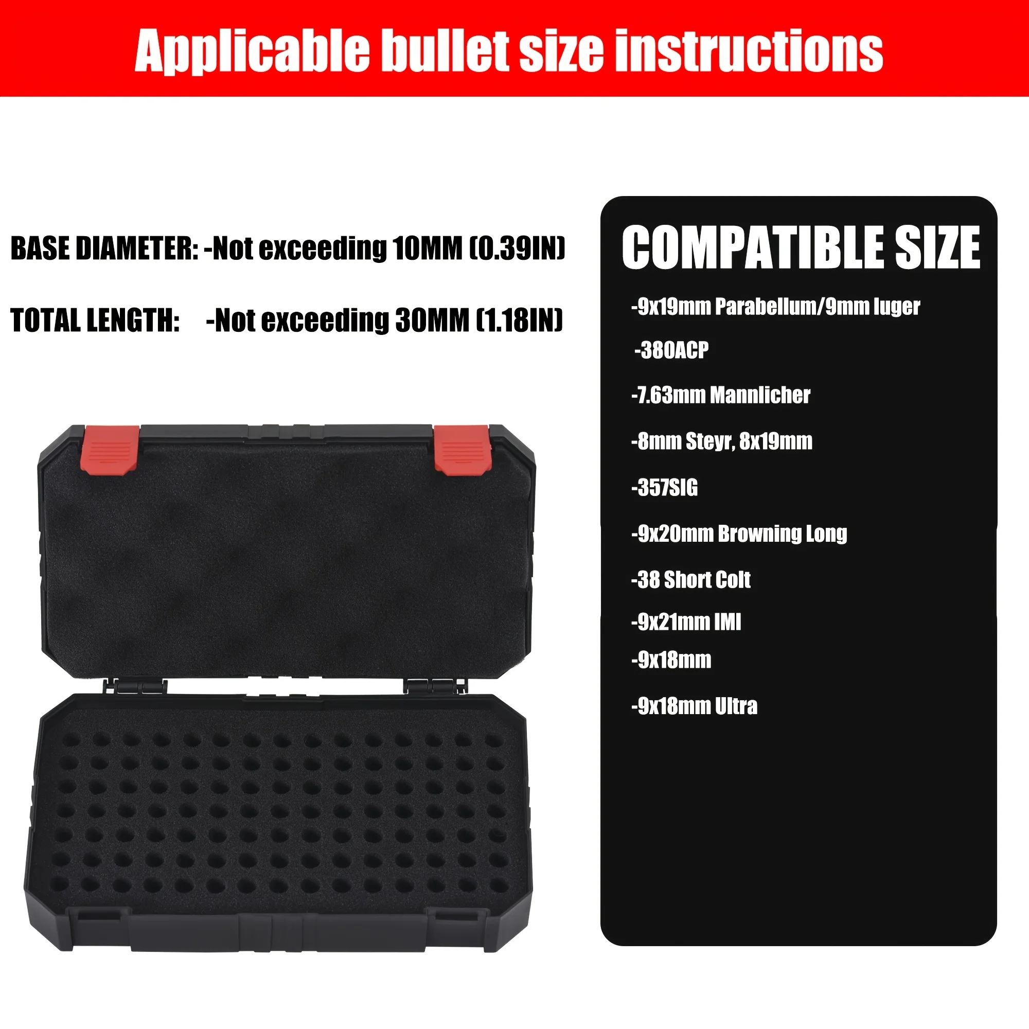 Munitionskiste für 105 Schuss, Munitionsbox Kompatibel mit 9x19mm Parabellum, 9mm Luger,.380 ACP, 30 Luger, 9mm Makarov – Detail 2