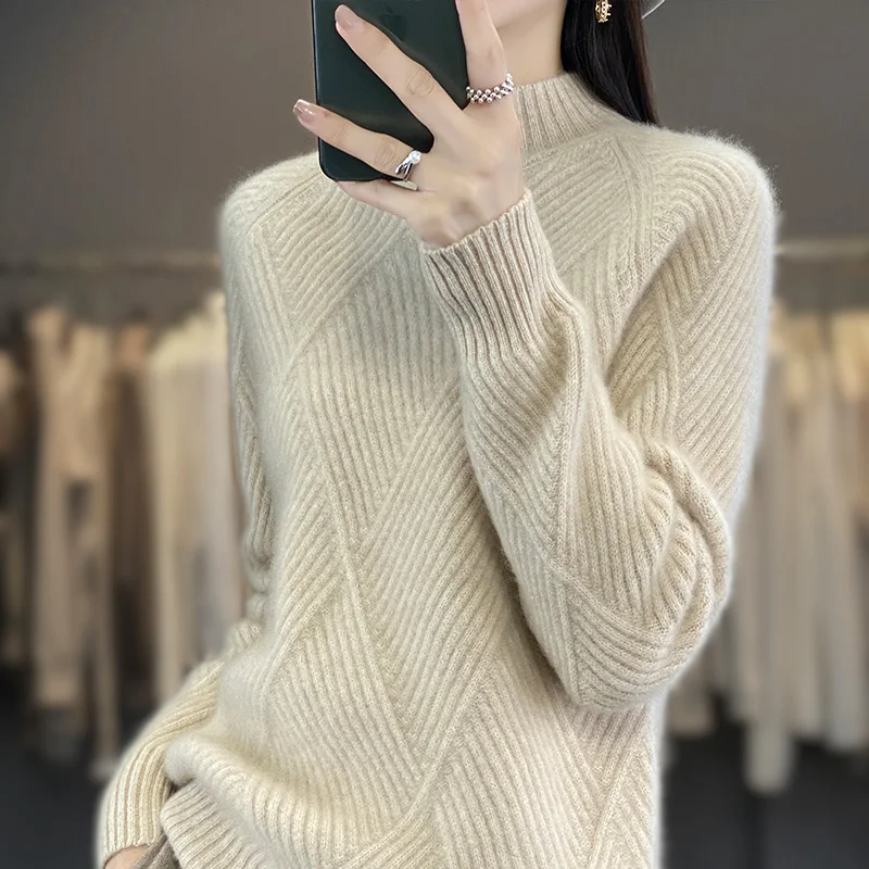 LDZWSM Women Solid Half High Collar Wool Sweater Autumn Winter Loose Plus-Size Knitted Wool Casual Sweater Bottoming Shirt