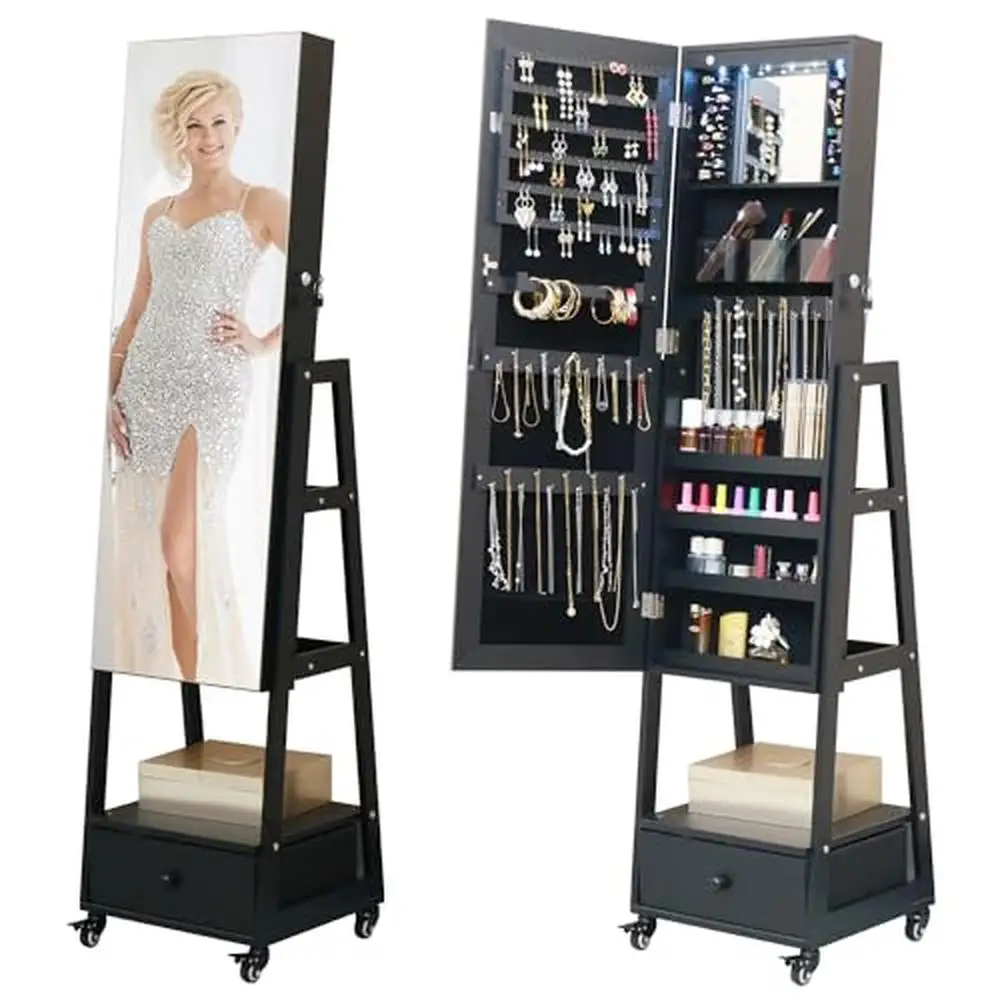 Led Spiegel Sieradenkast Met Afsluitbare Opslag Volledige Lengte Sieraden Armoire Organizer Lade Display Rotatie Make-Up Garderobe