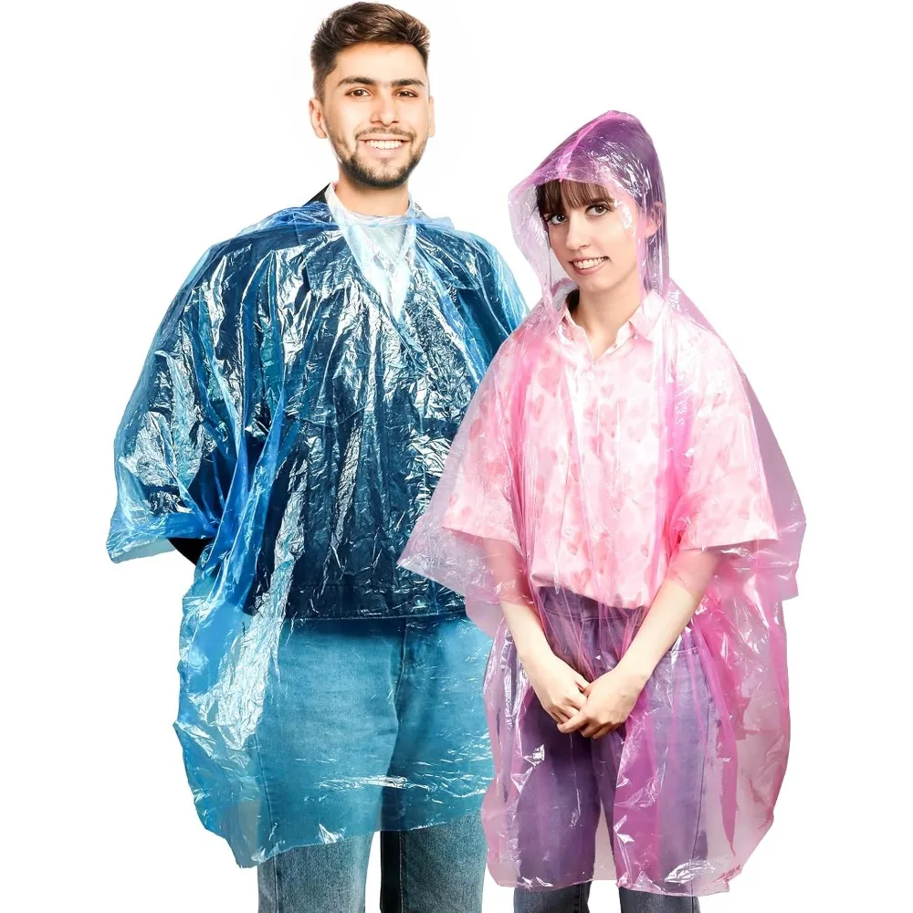 20 Pack Disposable Rain Ponchos for Adults, Clear Plastic Emergency Raincoats with Hood, Individually Wrapped Bulk Rain Ponchos