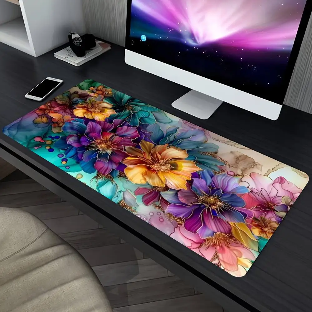 Colorful Floral Gaming Mouse Pad Large Desk Mat Vibrant Flower Extended Keyboard Mat Non Slip Gamer Carpet for Office Laptop