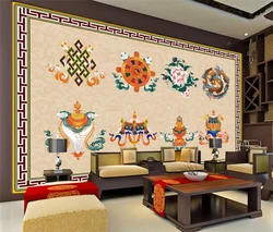 Customized products 3D mural Chinese Tibetan Babao auspicious TV background wall Tibetan characteristic wallpaper decorate 3d