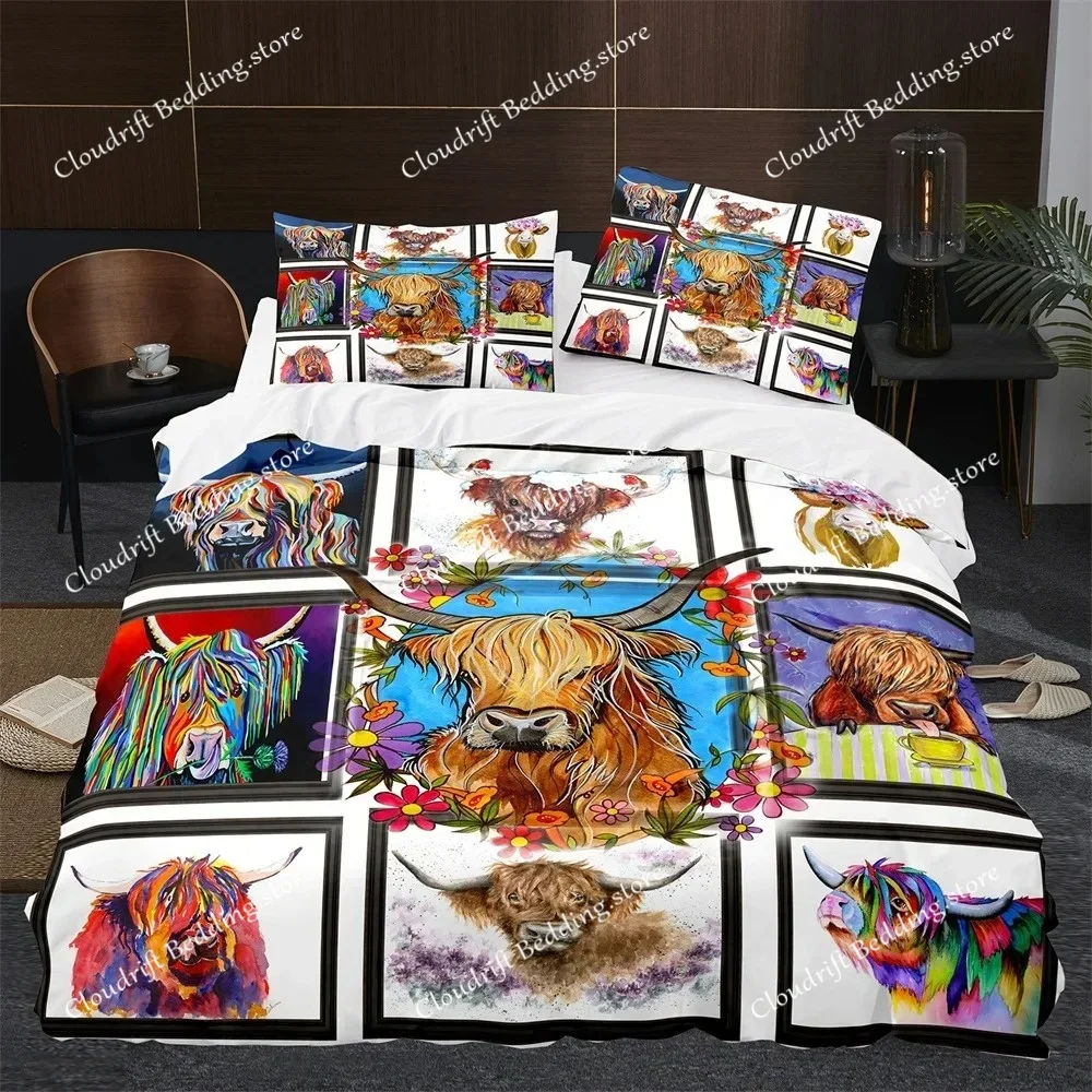 Highland Cow Duvet Cover King Queen Cattle Bedding Set Farmhouse Animal Quilt Cover Western Funny Bull Polyester Comforter Cover