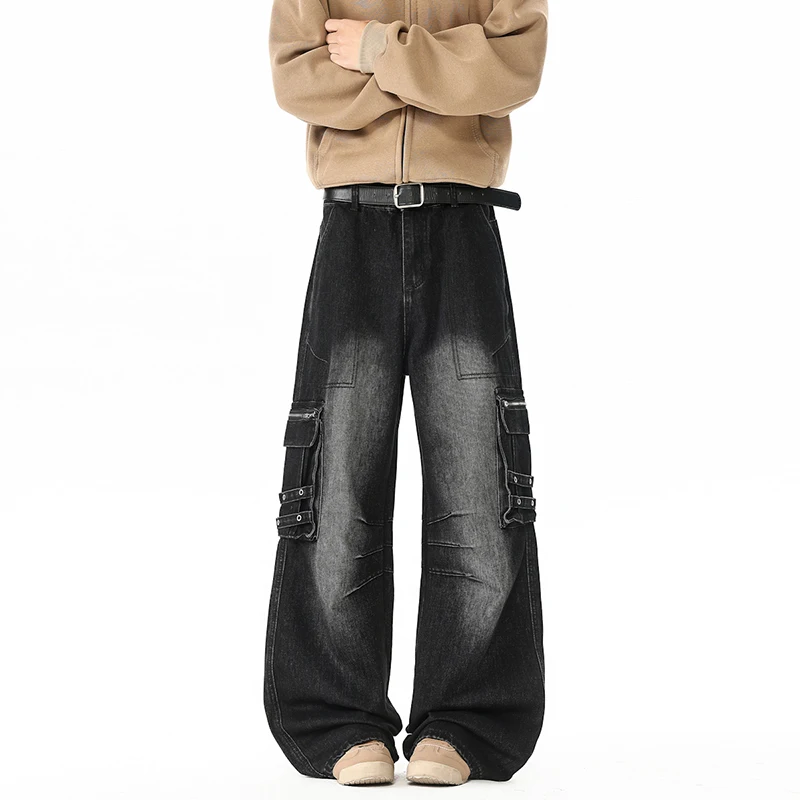 

Мужские весенне-осенние джинсовые брюки в американском стиле с несколькими карманами, новые модные функциональные комбинезоны, мужские прямые джинсовые брюки High Street