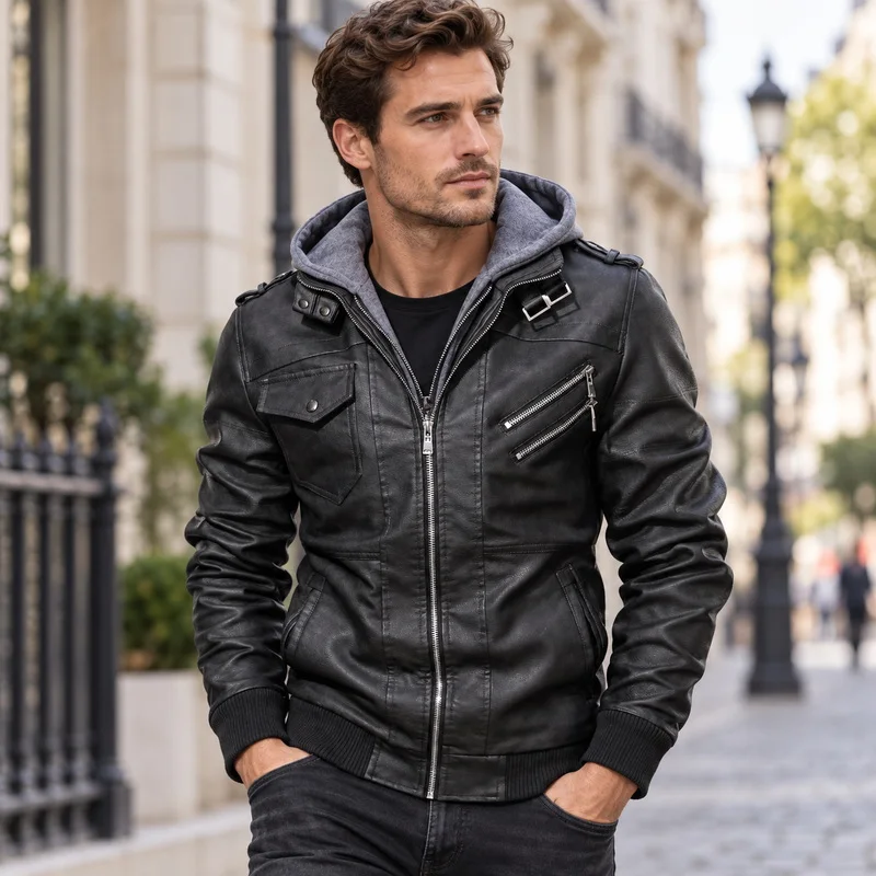 Men Black PU Leather Jacket Slim Fit Zip Up Casual Fall Fashion Coat Streetwear Outerwear