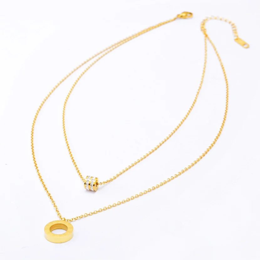 316L Stainless Steel Fashion Fine Jewelry 2 Layer Zircon Round Roman Numerals Charms Chain Choker Necklaces Pendants For Women