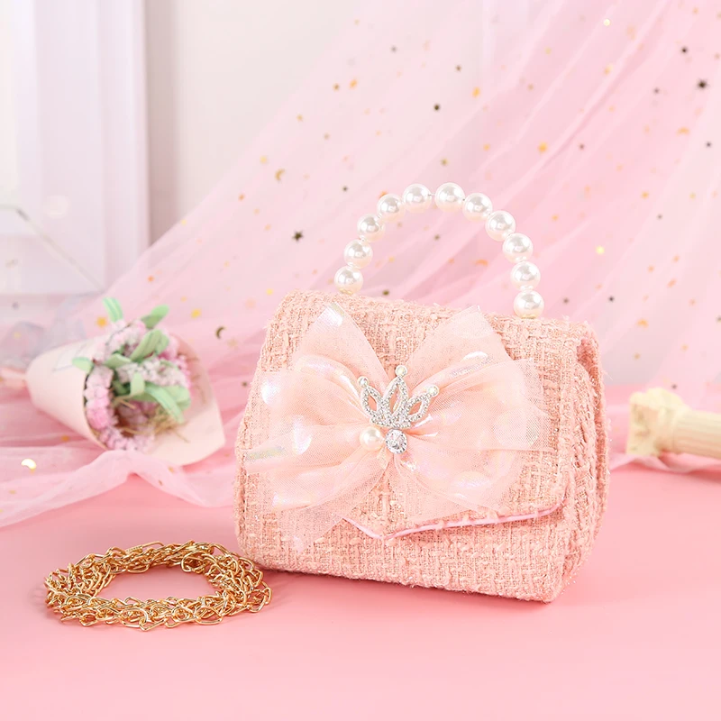 Pink Princess Crown Colorful Bow Children's Bag Fashion Hand-held Pearl Diagonal Girl Cross Body Shoulder Messenger Bags Purse