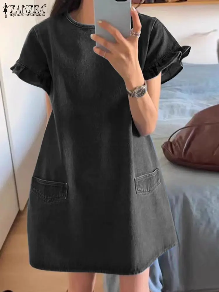 ZANZEA damska dżinsowa Mini sukienka moda letnia wzburzona sukienka letnia z krótkim rękawem Casual luźne sukienki z kieszeniami 2024 Vintage
