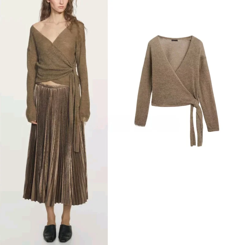 

Winter New Women's Knitted Long Sve V-Ne Wrap Design Top Polyester Fiber ort Length Open Cardigan Sle Girls' Wear