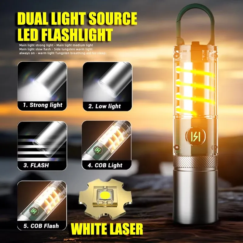 Powerful Zoom LED Flashlight USB Rechargeable Waterproof Torch Hook Hanging Side Tungsten Wire Camping Lamp with Lamp shade