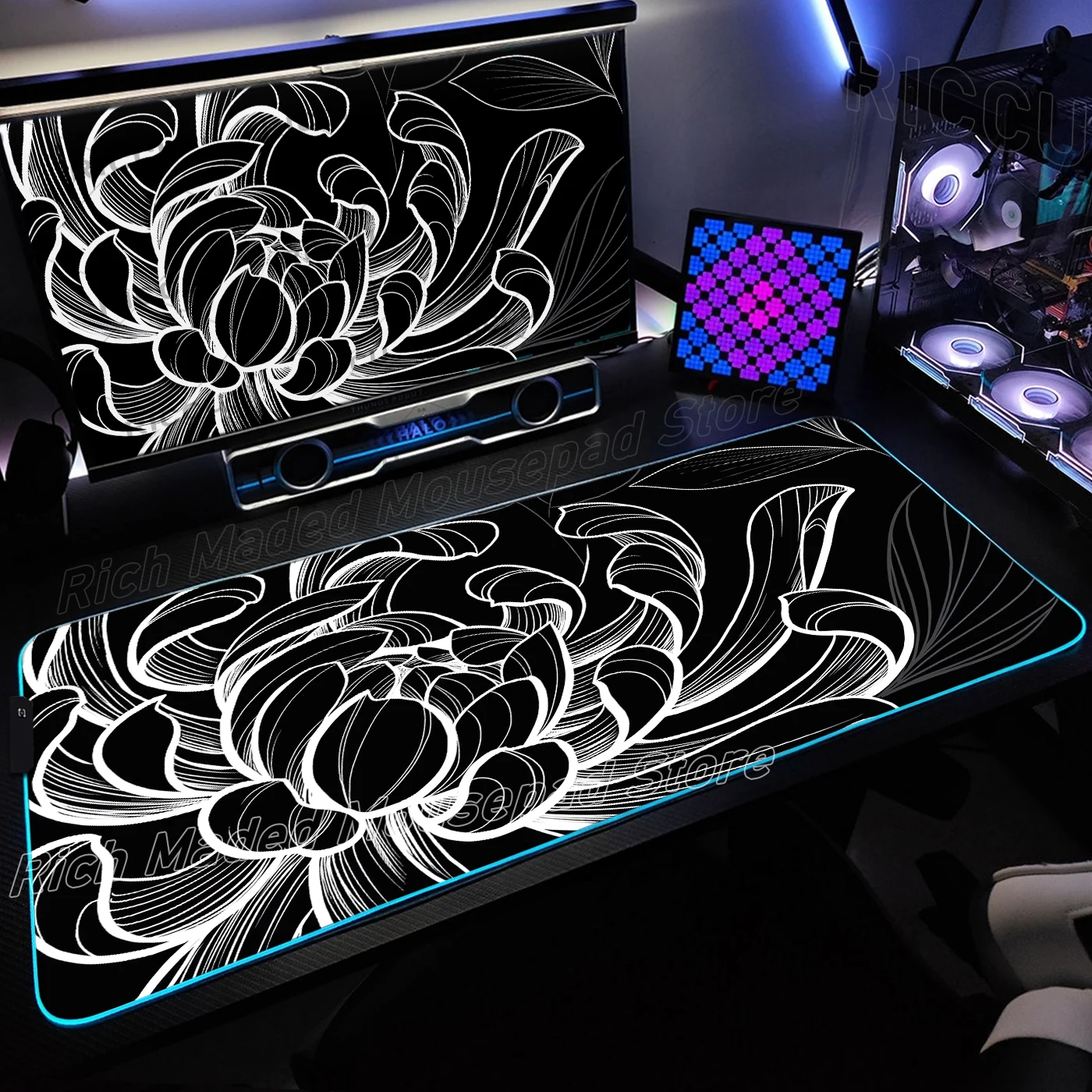 

Black White Desk Mat Rgb Aesthetic Flower Mousepad Minimalist Large Mouse Pad Led Flowers Texture XXL Deskmat Gaming accessories