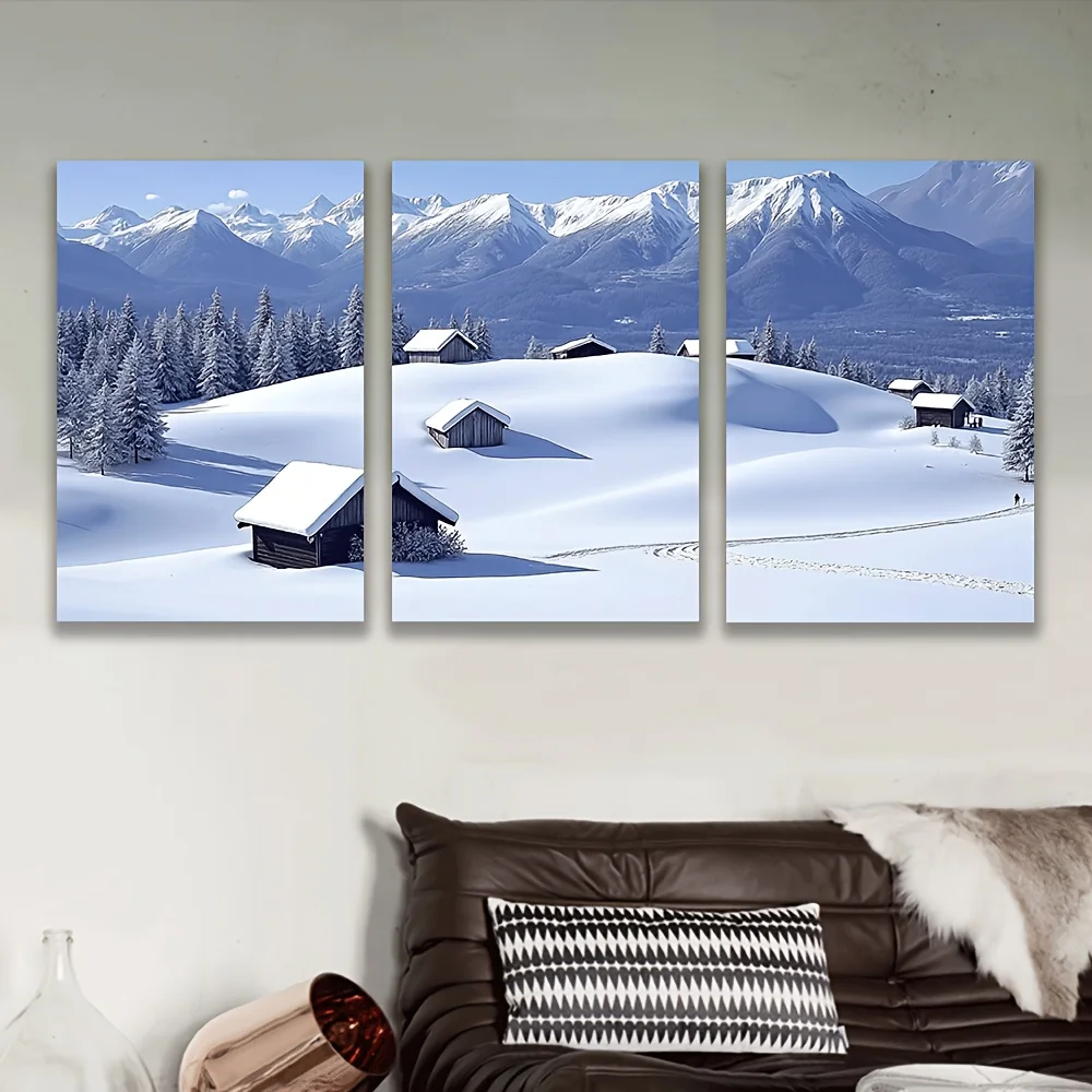 2D Flat, 2D Plane, 2D Plane, Wall Decoration, Includes a Set of Three Unframed Canvas Paintings Depicting a Charming Mountain