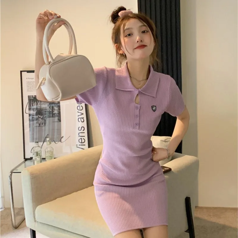 

Korean Hollow Out Sexy Dress Sport Polo Collar Short Sleeve Spring Knitting Cultivate Morality Show Thin Package Hip Skirt