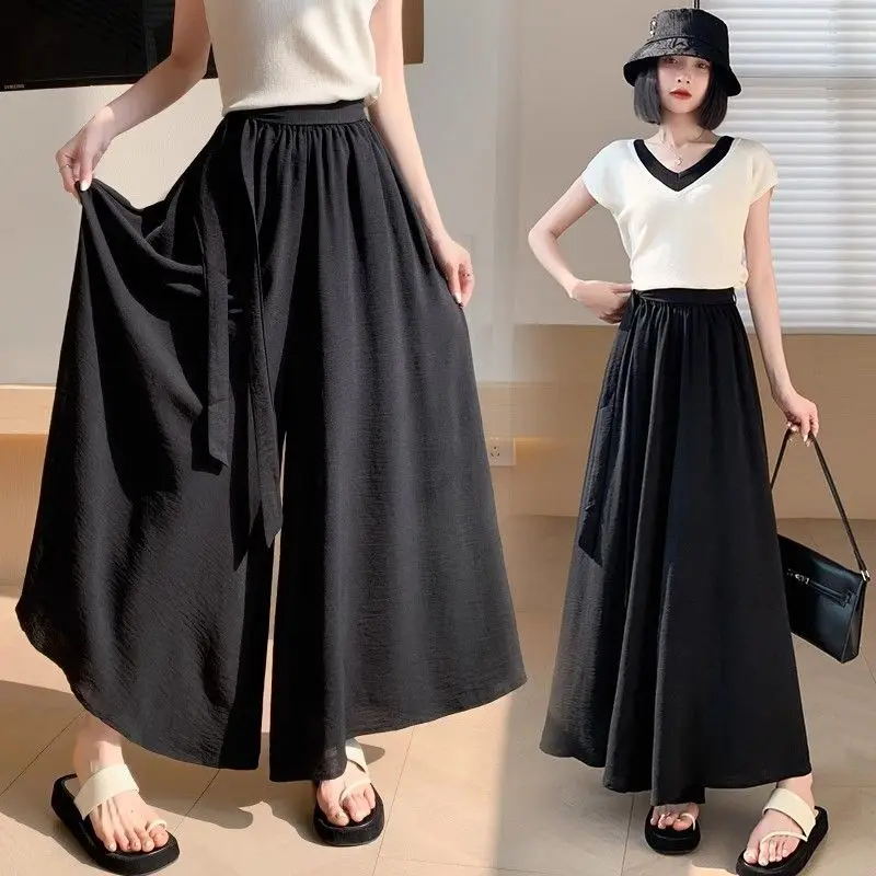 

Large Size Knot Wide Leg Pants Men's Casual Ice Silk Loose Drape Summer Leisure Skirt Pants Straight Tube Elastic