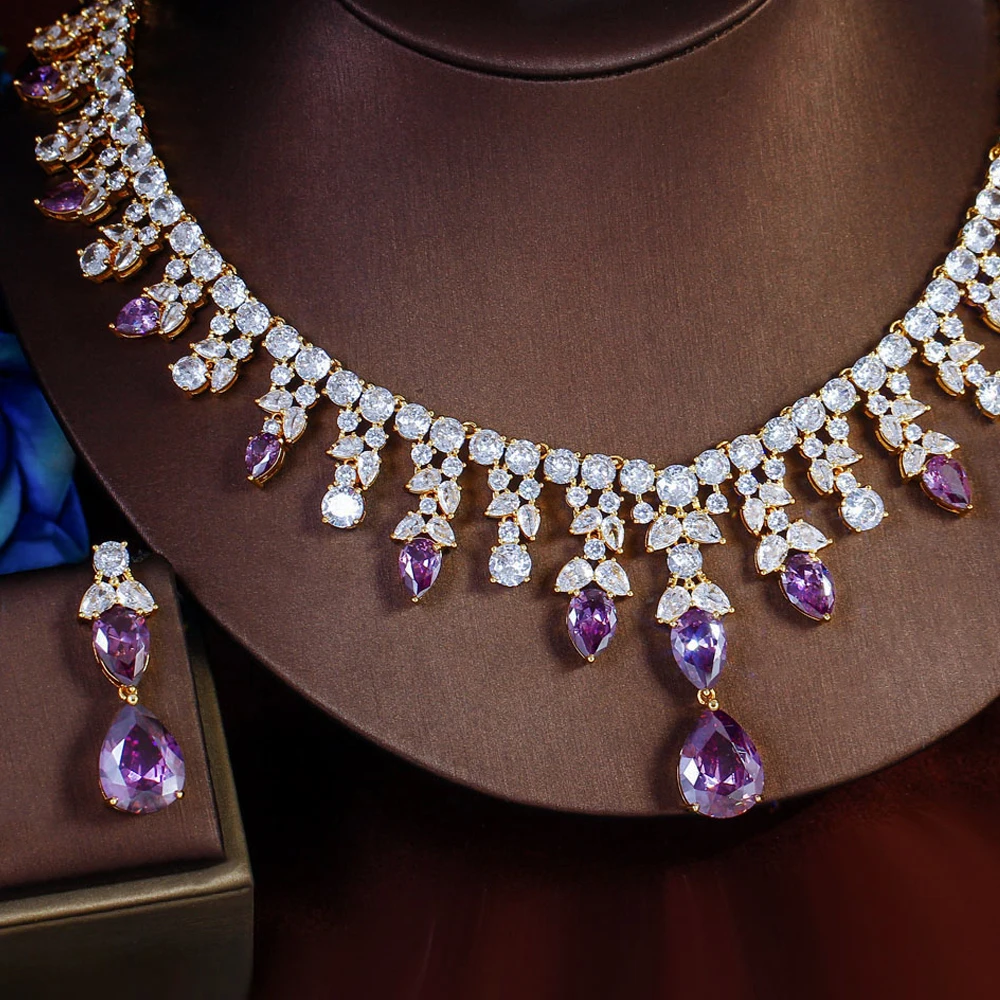 

ThreeGraces Exquisite Sparkling Purple Zirconia Luxurious Water Drop Bridal Wedding Party Engagement Jewelry Set for Women T1064