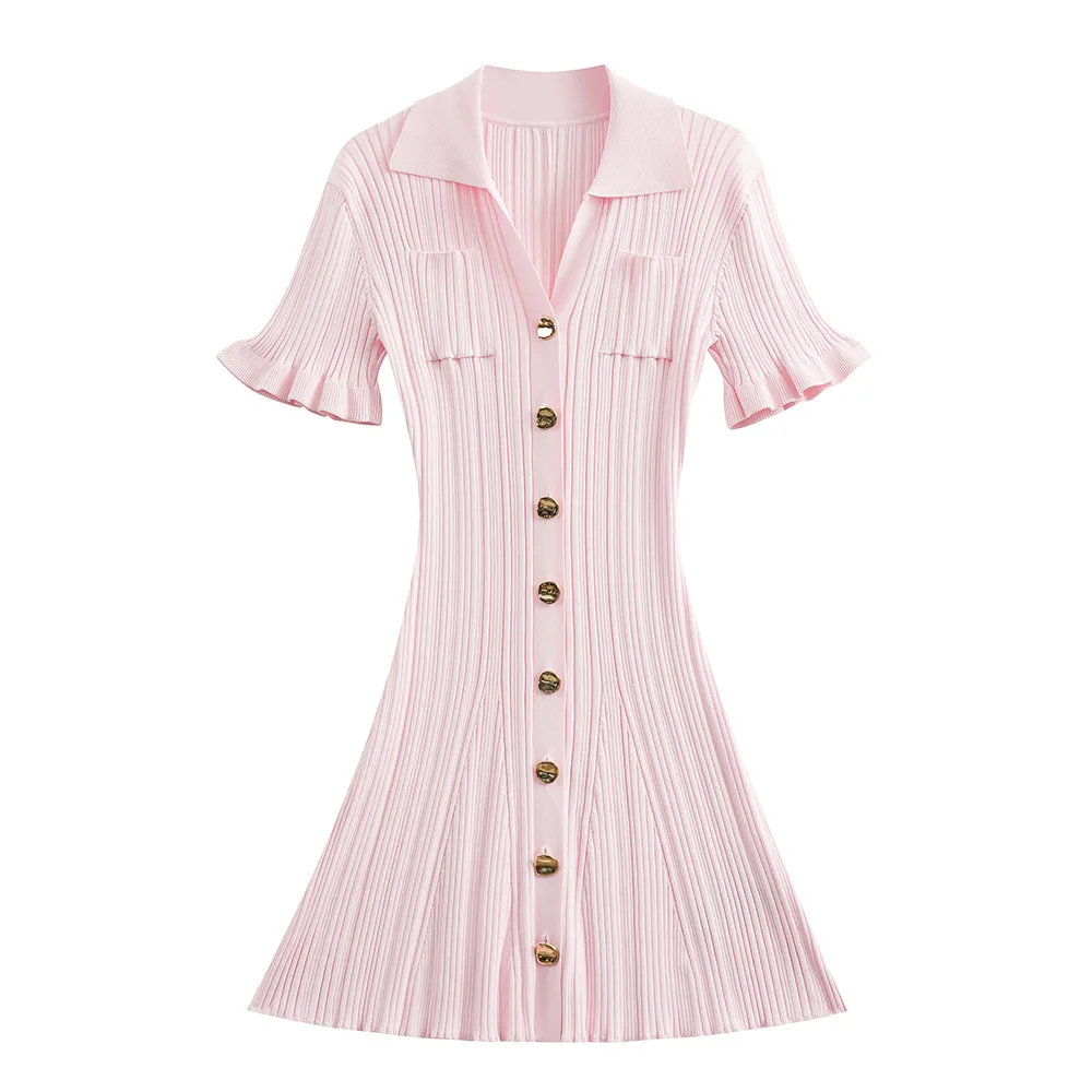 ZJYT Elegant Summer Knitting Sweater Dresses for Women 2024 Short Sleeve Pink Sheath Mini Party Dress Female Vestidos Knitwears