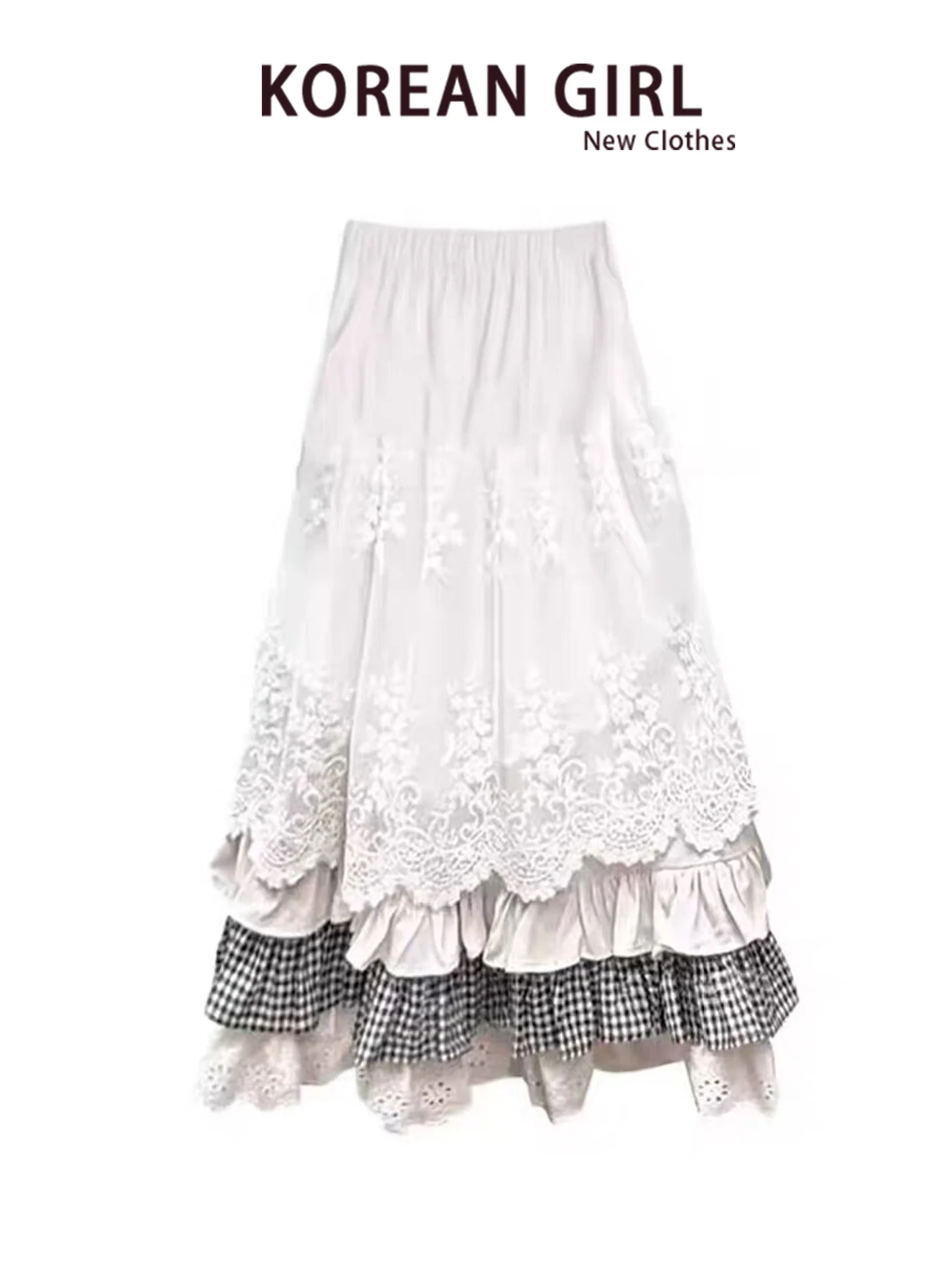 Chic Lace Plaid Splicing  Skirt Women's Autumn Winter Heavy Sweet Girl Design Slimming Long Skirt Casual Style A-Line Skirt