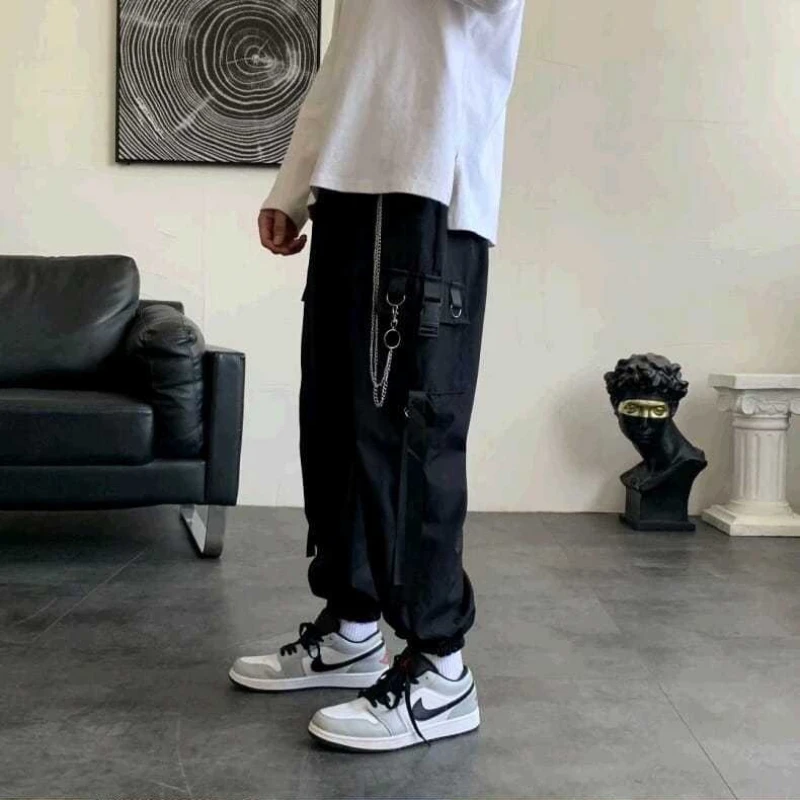 

Men's Loose Fit Black Cargo Pants Casual Trendy Student Korean Style Versatile Wide Leg Cropped Trousers