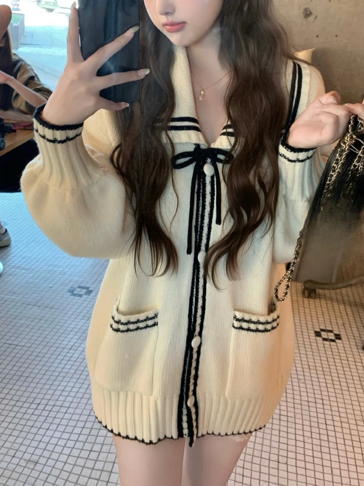 اليابانية Kawaii المتضخم التعادل طوق سترة المرأة الحلو محبوك الصوف سترة فضفاضة نمط Preppy جيوب الموضة معطف غير رسمي