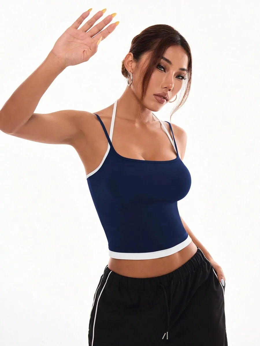 

Blue Cropped Cami Top With White Trim For Women Workout Casual Wear