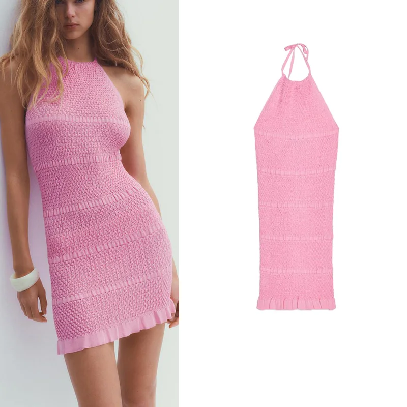 Vestido E de Malha Sem Mangas com Cintura Alta e Design de Pescoço Pendu, Decoração em Camadas, Nova Chegada de Mo...