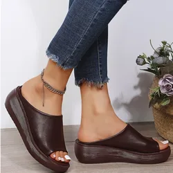 Plus Size 35-44 Shoes for Women Summer Leather Platform Slippers Wedges Peep Toe Outdoor Beach Sandalias Mujer Women Slippers