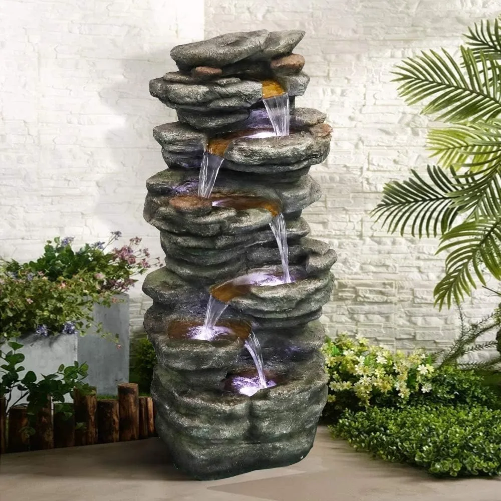 

40” H Outdoor Waterfall Fountain with LED Lights, Stacked Rock Cascading Relaxation Garden Fountains Outdoor