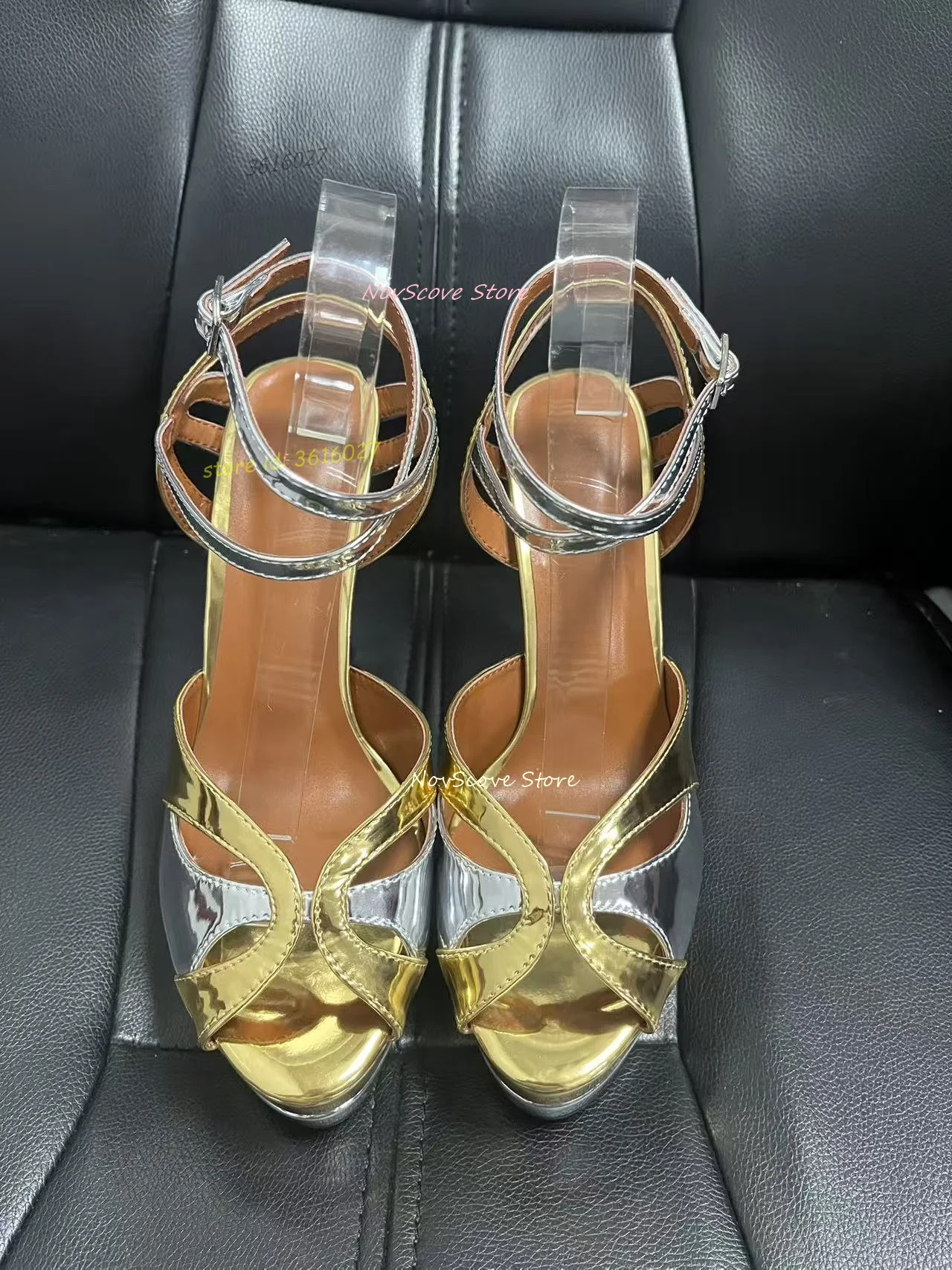 Open Toe Platform Sandals Mixed Color Metallic Finish Leather Ankle Buckle Shallow High Heels Shoes Summer Sexy Women Party Shoe