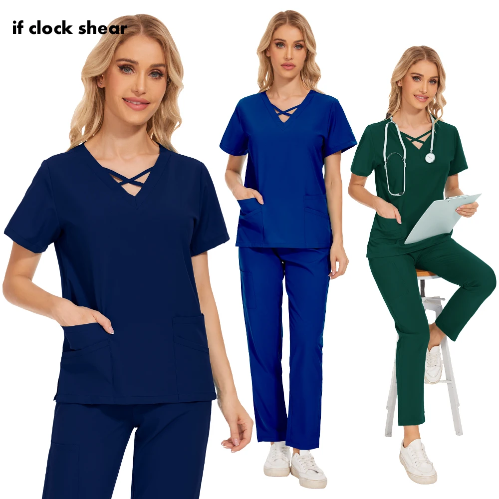 

Solid Color Beauty Salon Workwear Doctor Uniform Women Scrubs Nursing Uniforms Short Sleeved Pocket Care Worker Scrubs Uniforms