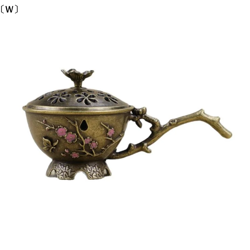 〔W〕Plum Blossom Incense Burner With Handle Retro Plum Blossom Hollow Out Incense Stick Burner Zinc Alloy Small Craft Home Decor