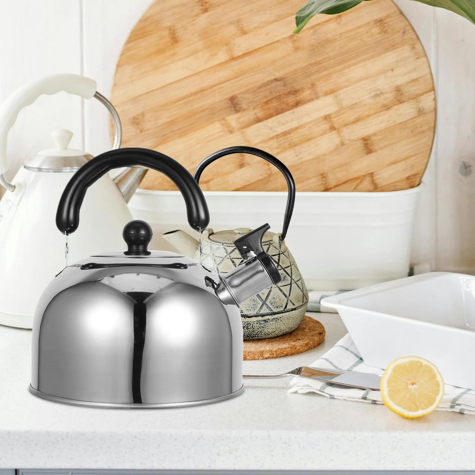 

Stainless Steel Whistling Kettle Small Thick Flat Bottom Cool Handle Tea Kettle Stove Top Induction Gas Coffee Server Water