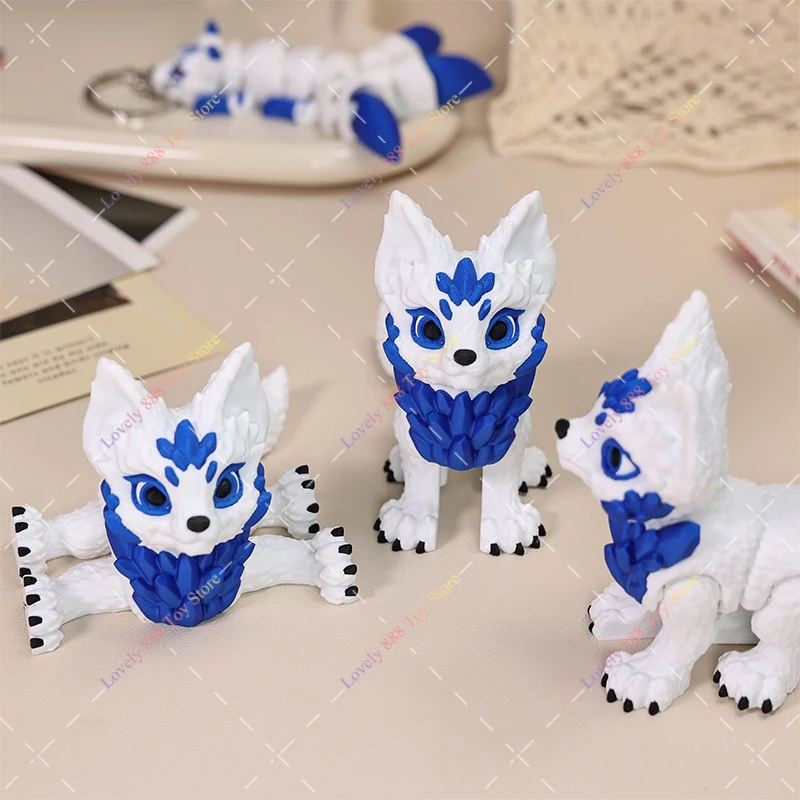 Actiefiguren 3D-geprinte drie staartvos sleutelhanger hanger speelgoed schattig diermodel gewrichten beweegbare vos desktop ornament