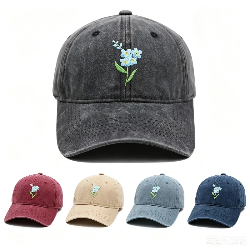 Vintage Washed Cotton Forget Me Not Flower Embroidery Baseball Cap Unisex Adjustable Curved Brim Dad Hat Casual Outdoor Sun Hat