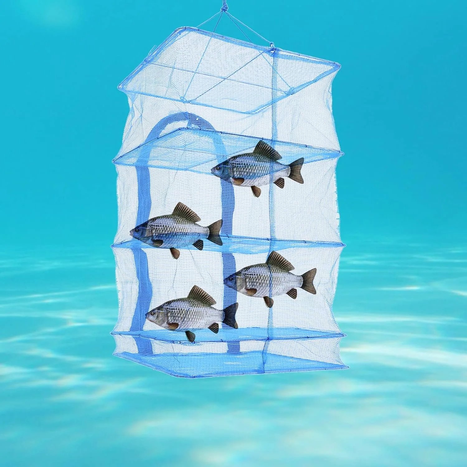 4-lagiges blaues hängendes Trockennetz, zusammenklappbares Netz, Trockner, Obst, Gemüse, Kräuternetz, Garnelen, zusammenklappbares Trockennetz mit doppelten Reißverschlüssen