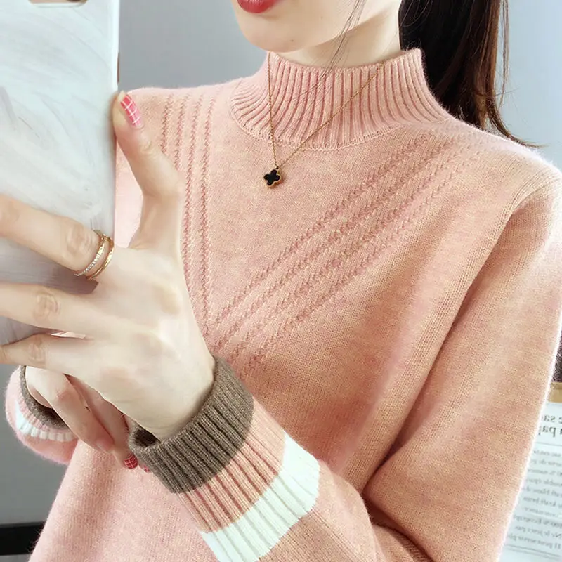 Stylish Half High Collar Spliced All-match Knitted Sweater Women\'s Clothing 2022 Autumn New Loose Casual Pullovers Commute Tops