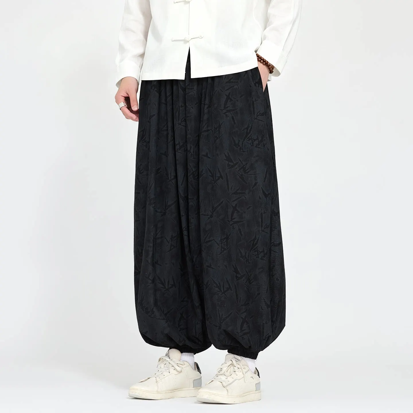 New Chinese Style Pants Men Ankle Lenght Pants Man Bamboo Leaf Print Bottoms Male Breathable Lightweight Ankle Band Trousers