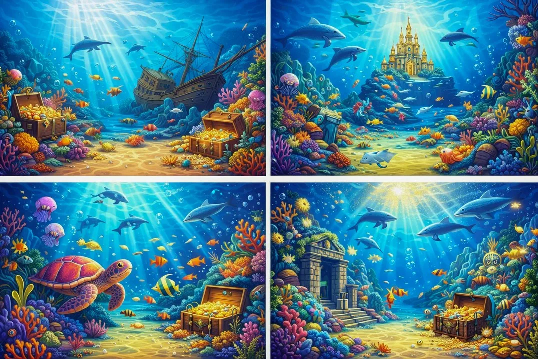 Cofre del tesoro submarino, arrecife de coral, delfines, fondos mágicos, impresión por ordenador, fondos de estudio de fotografía escénica