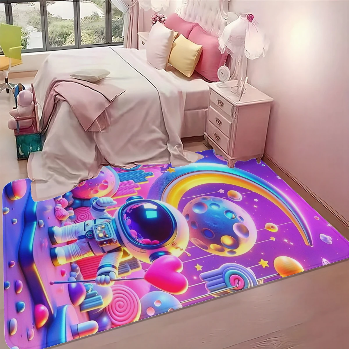 1Pc Cartoon Dreamy Starry Sky Astronaut Printed Floor Mat Kidsren's Room Living Room Non-Slip Wear-Resistant Household Large Area Carpet