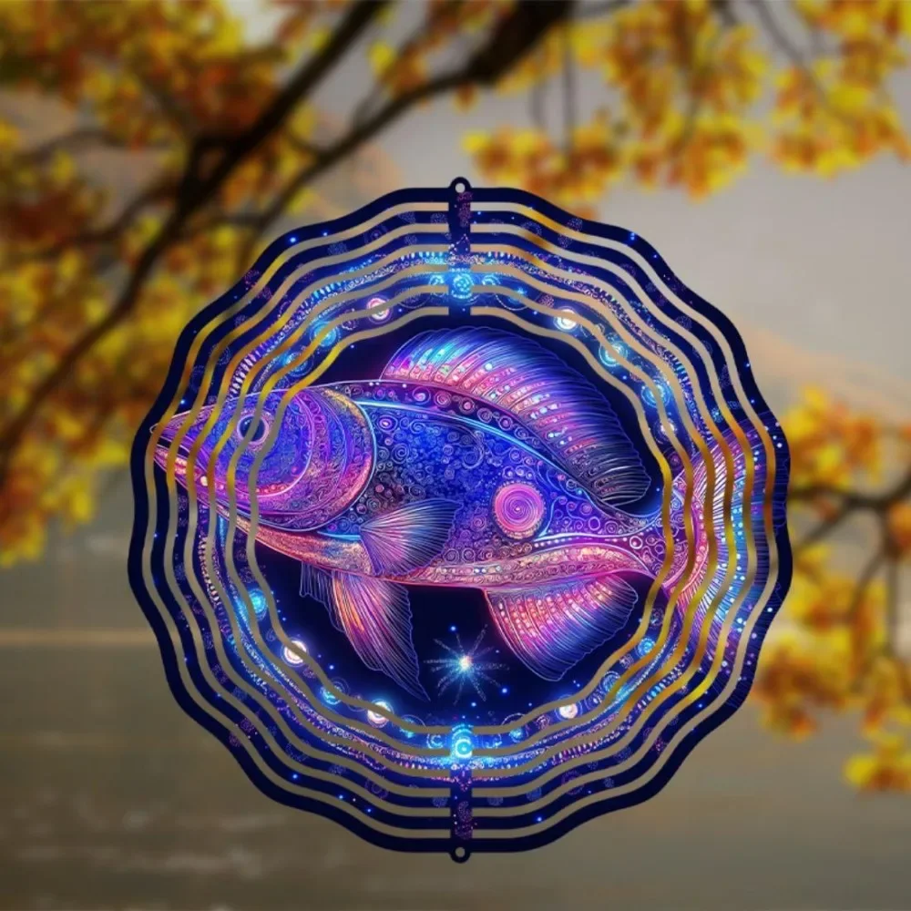 CIFBUY Spiral-Windspiel 3D Rotierendes Fisch-Design Leuchtende Blau-Lila-Rosa Farben 360-Grad-Drehhaken Gartendekoration für Draußen