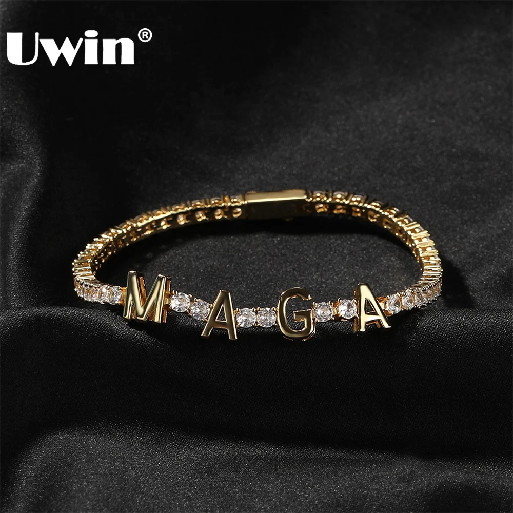 UWIN MEGA/TRUMP Name Bracelets for Women 3mm Iced Out Tennis Bracelet with Spring Clasp Fashion Jewelry