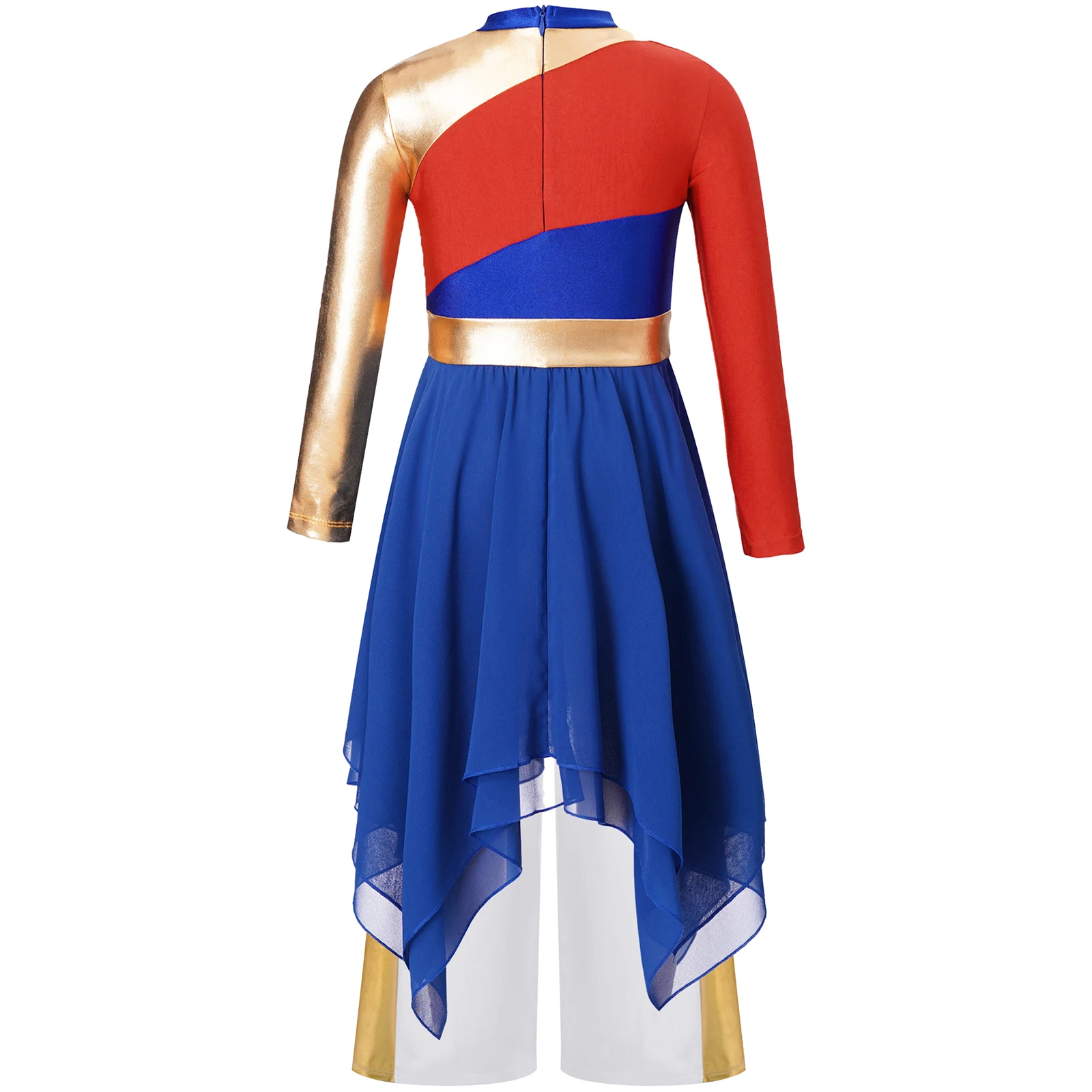 ชุดเดรสเด็กผู้หญิงแขนยาวผ้าชีฟองทรงโมเดิร์นพร้อมกางเกงขายาวทรงกว้าง สำหรับงานดนตรีประสานเสียงในโบสถ์ ชุดแสดงการสรรเสริญและบูชาพระเจ้า