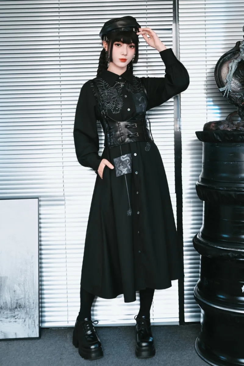 블랙 긴 소매 신상 중국 스타일 셔츠 드레스 디자인 패치 자수 빈티지 싱글 브레스티드 드레스 여성 의류