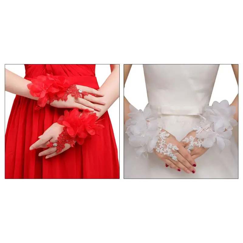 

Embroidery Lace Fingerless Gloves Flower for Rhinestone Wedding Bridal Short Mit