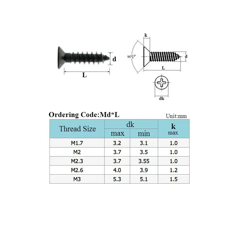 AXK 100pcs Self Tapping Screws M1.7 M2 M2.3 M2.6 M3 Laptop Screws Computer Screws Small Philips Pan Head Black Carbon Steel