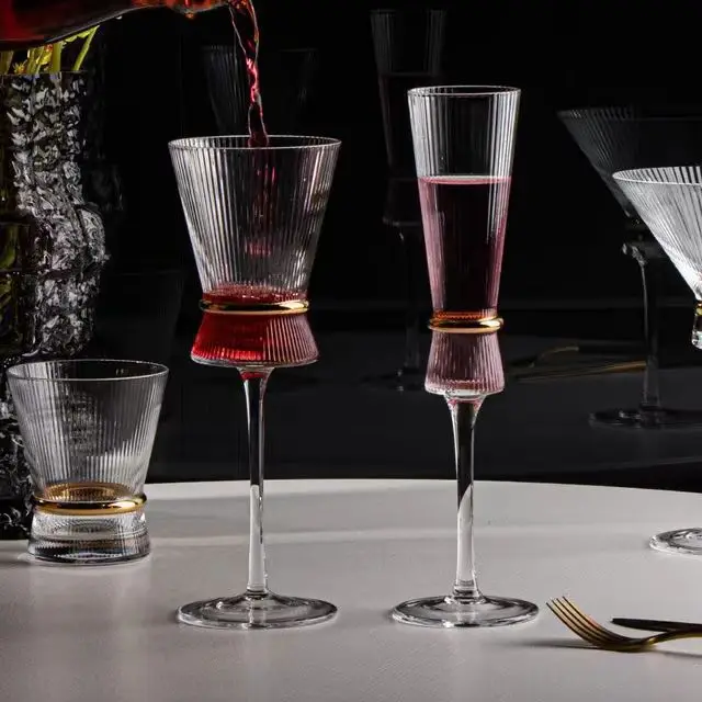 Glass Vertical Stripes Goblet Champagne Glass Cocktail Glass Gold Belt with Gold Wine Glasses